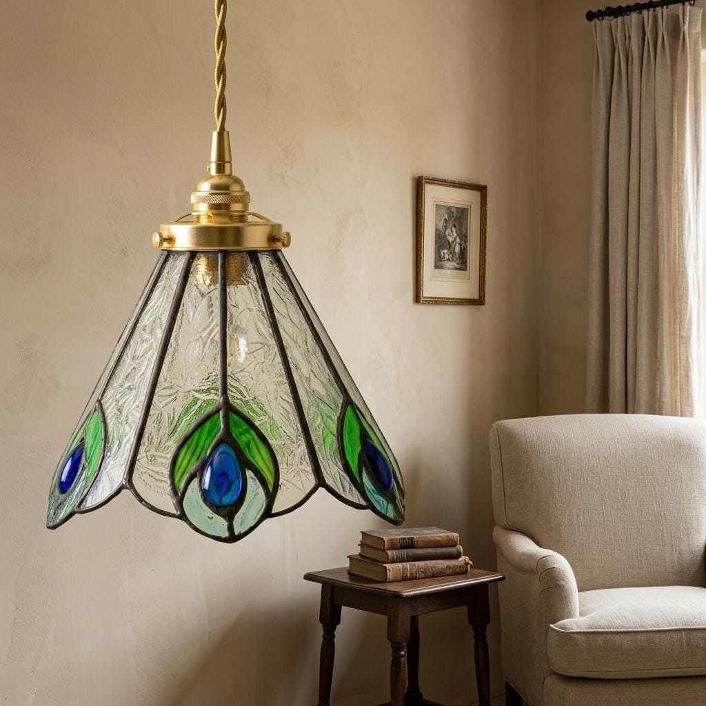 Green and Blue Feather-Eye Tiffany-Inspired Pendant Light, Pointed Scalloped Bell, Handmade - view 8