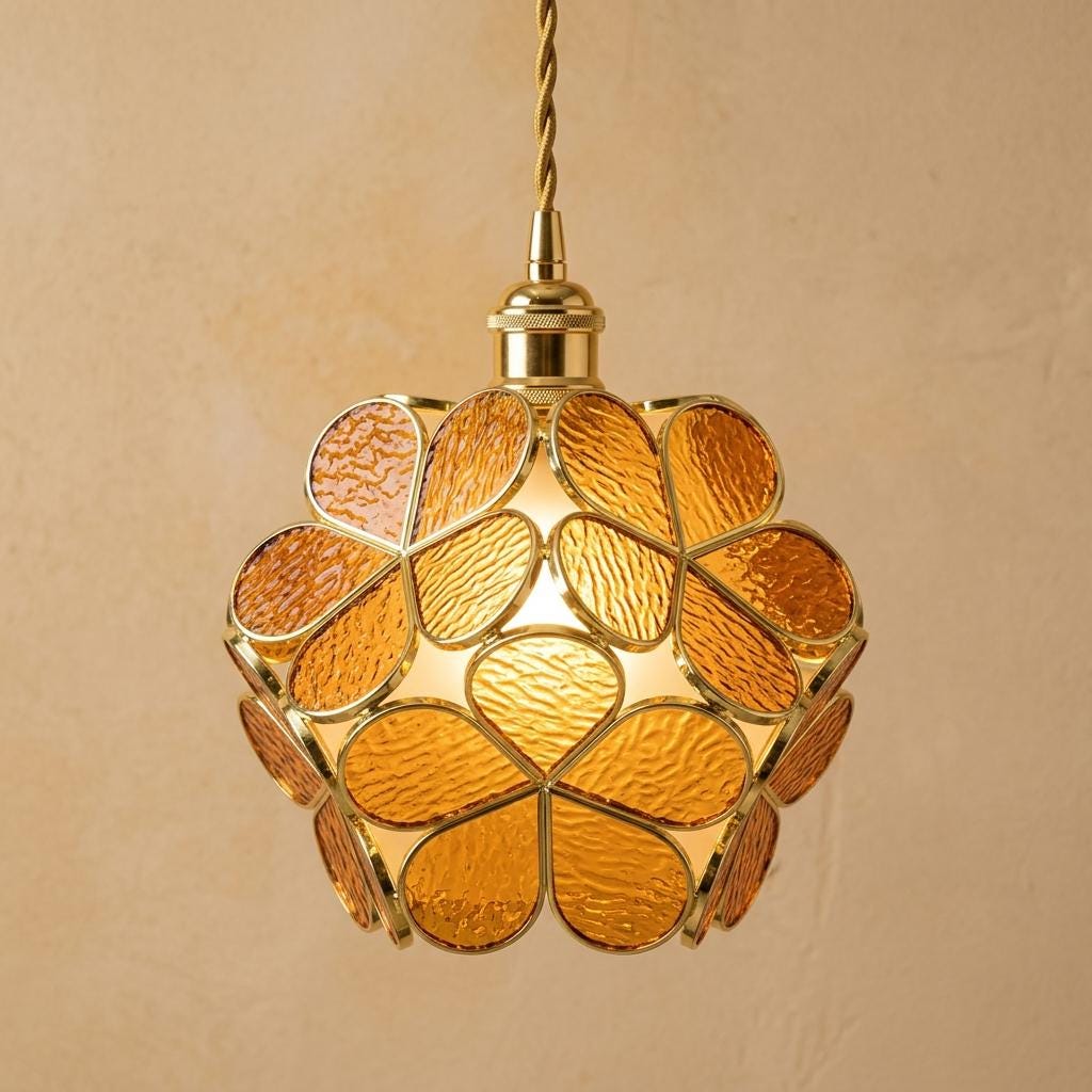 Warm Brown Petal Tiffany-Inspired Pendant Light, Rounded Bud Form, Handmade by AuroraeGlass