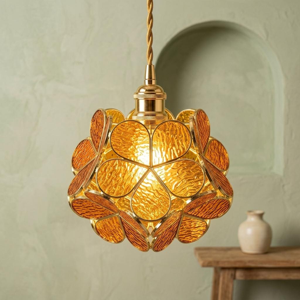 Warm Brown Petal Tiffany-Inspired Pendant Light, Rounded Bud Form, Handmade - view 6