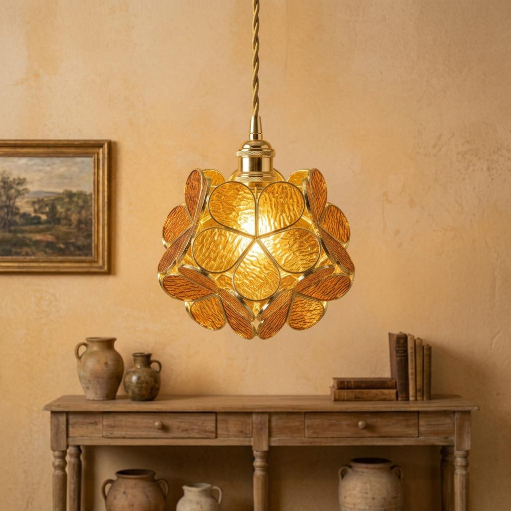 Warm Brown Petal Tiffany-Inspired Pendant Light, Rounded Bud Form, Handmade - view 10