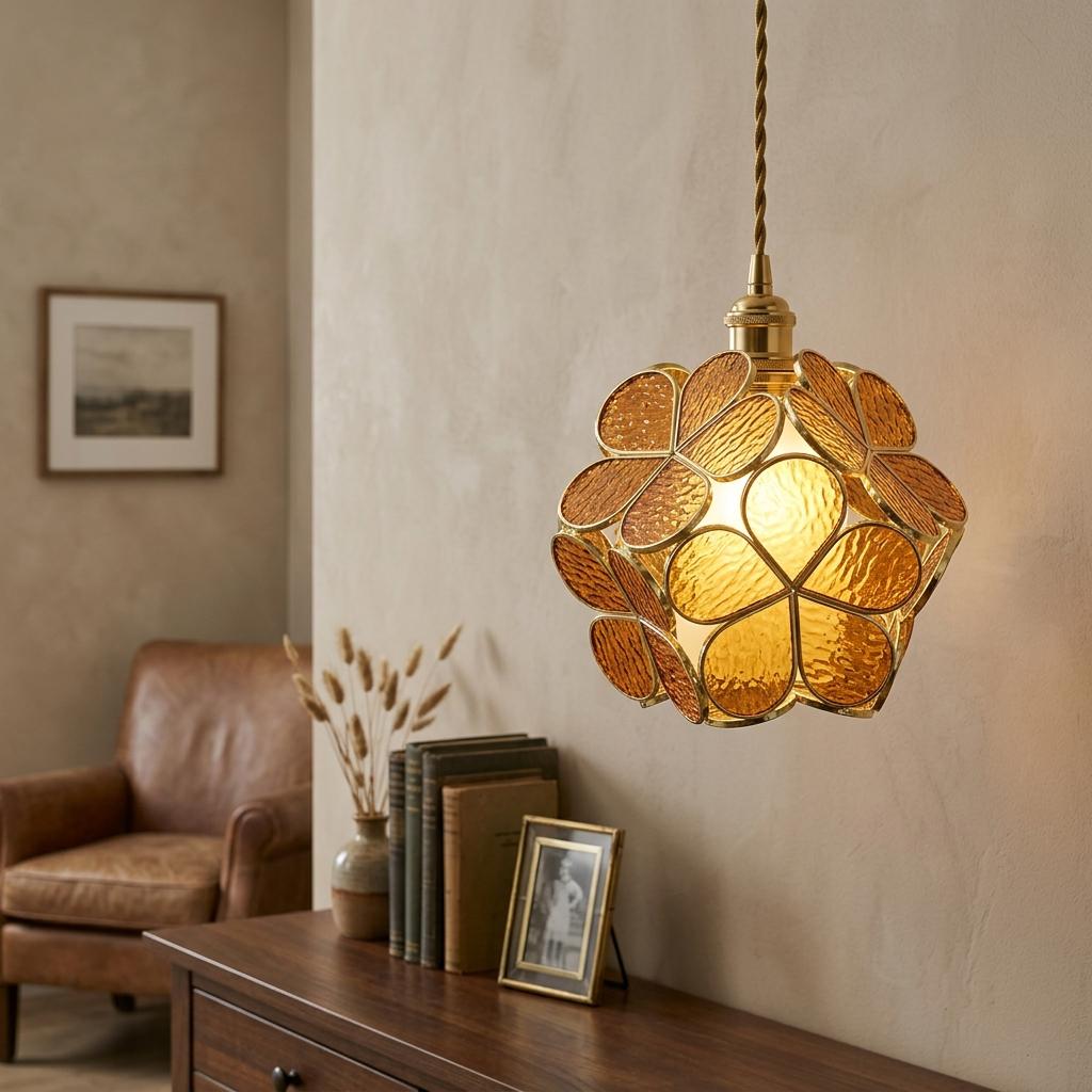 Warm Brown Petal Tiffany-Inspired Pendant Light, Rounded Bud Form, Handmade - view 8
