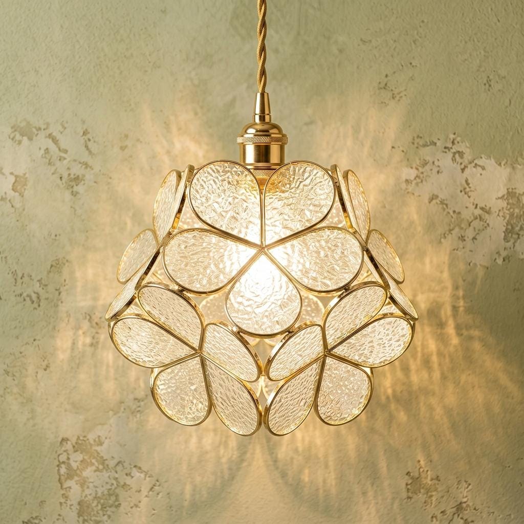 Pearl-Look Petal Tiffany-Inspired Pendant Light, Open Bud Form, Handmade by AuroraeGlass