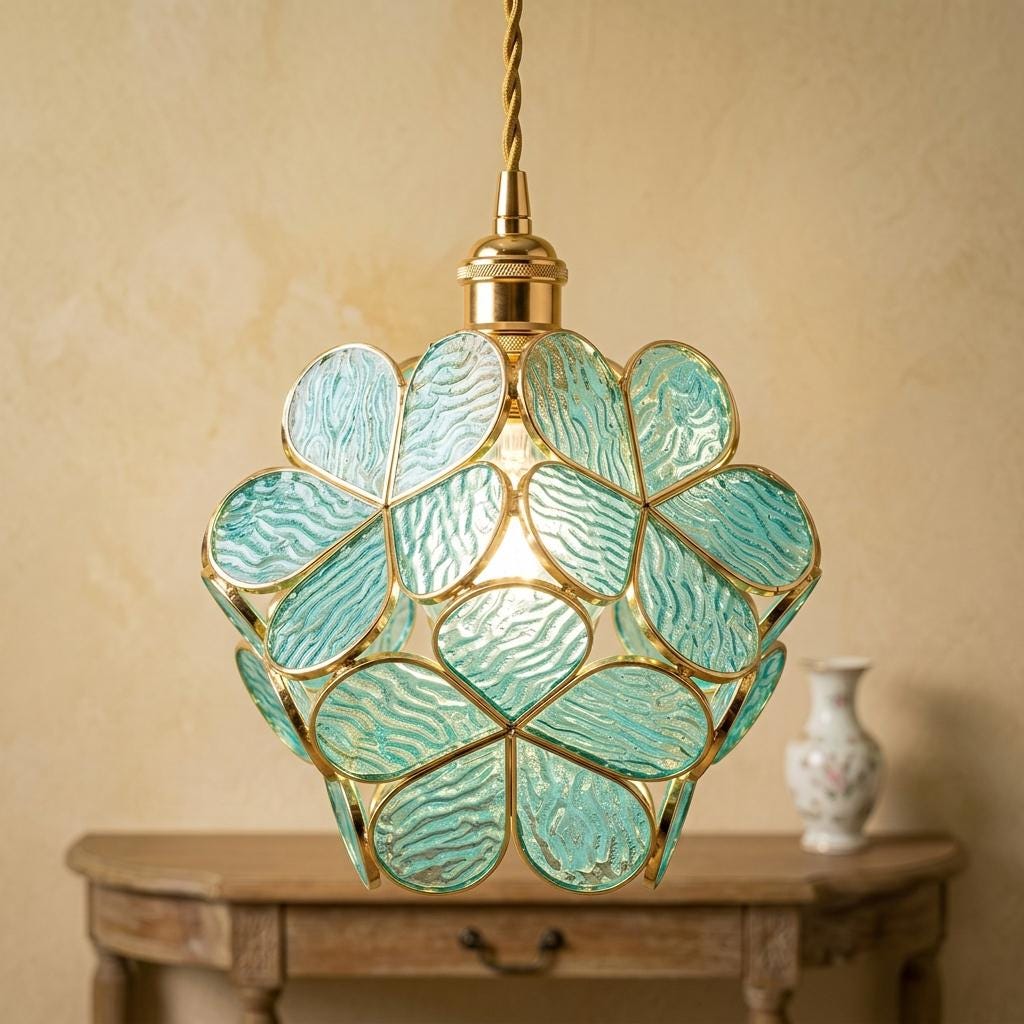 Aqua Petal Tiffany-Inspired Pendant Light, Rounded Bud Form, Handmade - view 10
