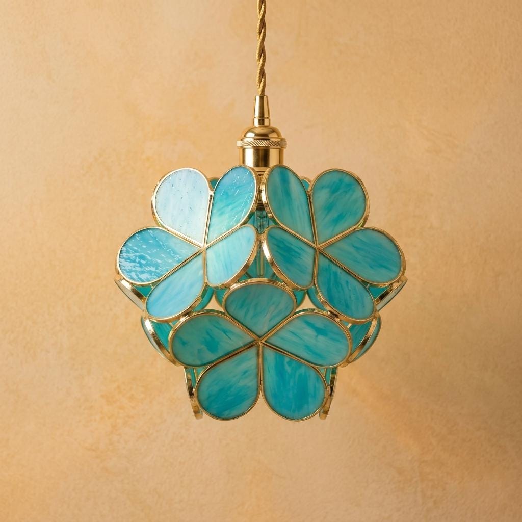 Blue-Green Petal Tiffany-Inspired Pendant Light, Rounded Bud Form, Handmade - view 5