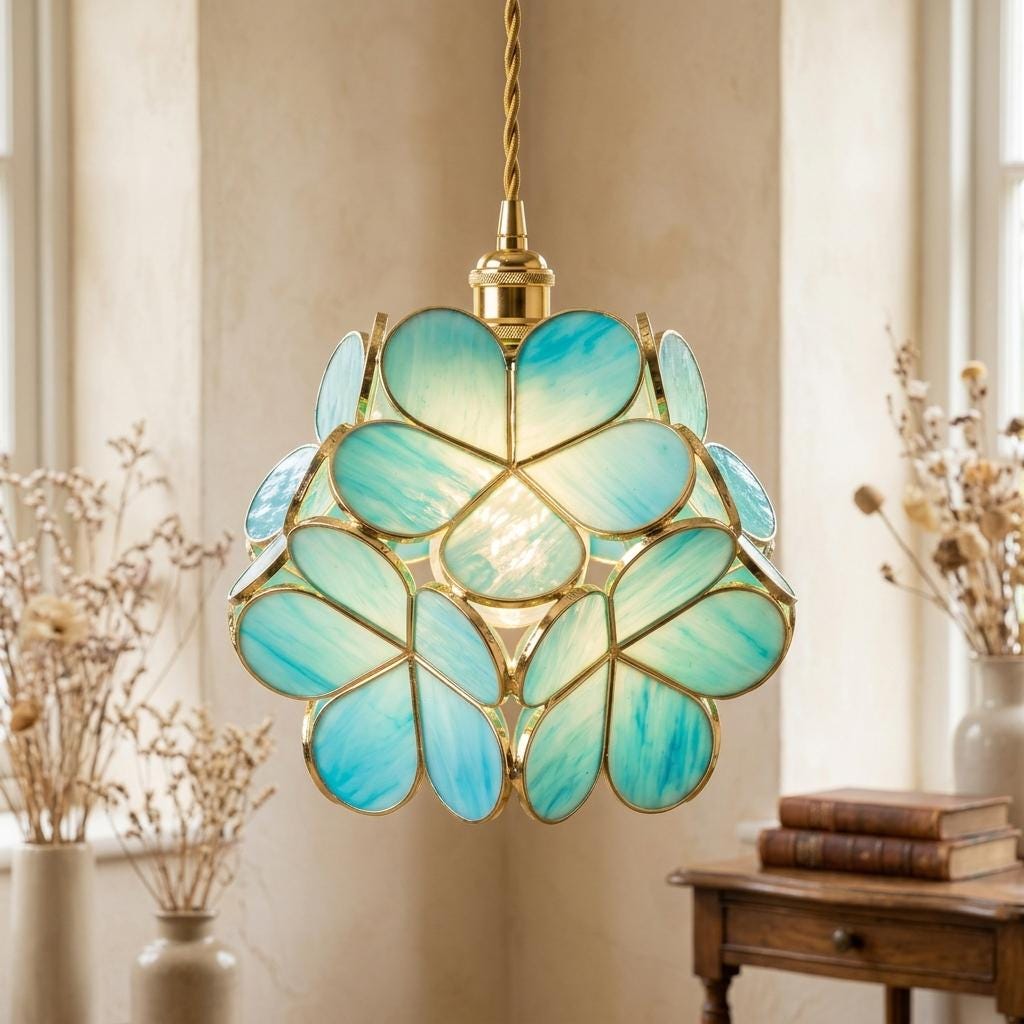 Blue-Green Petal Tiffany-Inspired Pendant Light, Rounded Bud Form, Handmade - view 10