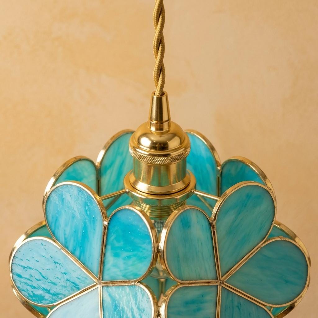 Blue-Green Petal Tiffany-Inspired Pendant Light, Rounded Bud Form, Handmade - view 4