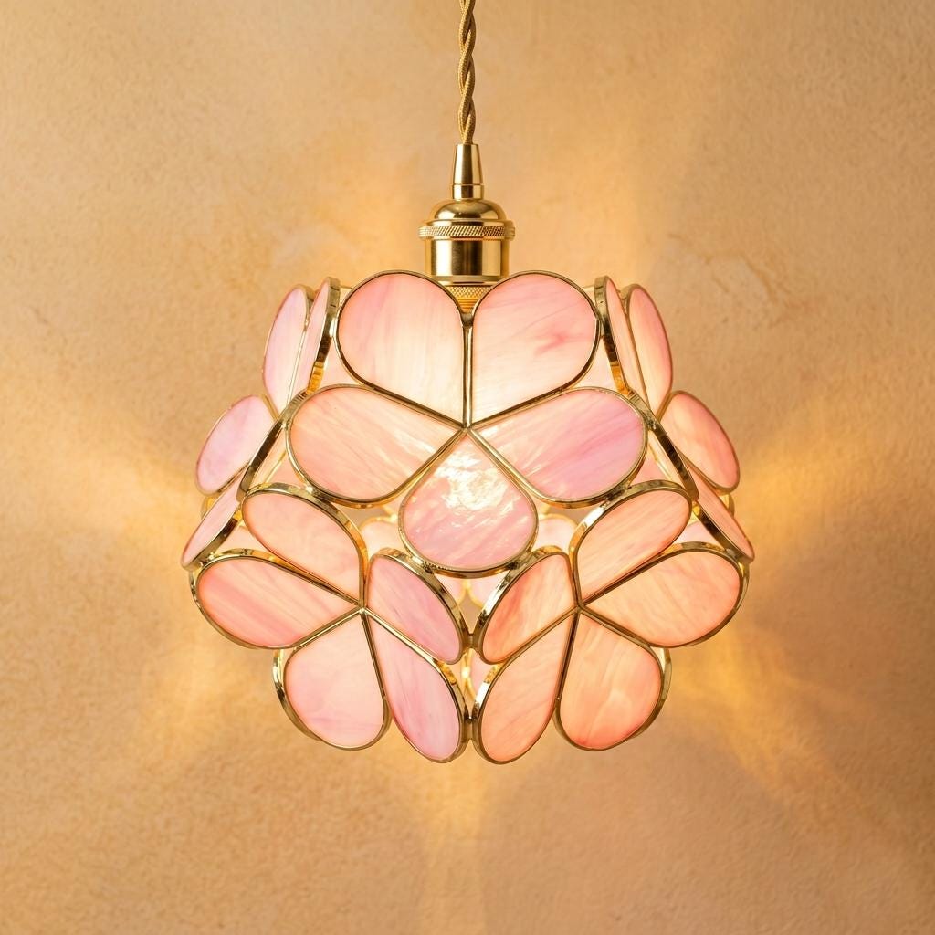 Rose Pink Petal Tiffany-Inspired Pendant Light, Rounded Bud Form, Handmade by AuroraeGlass
