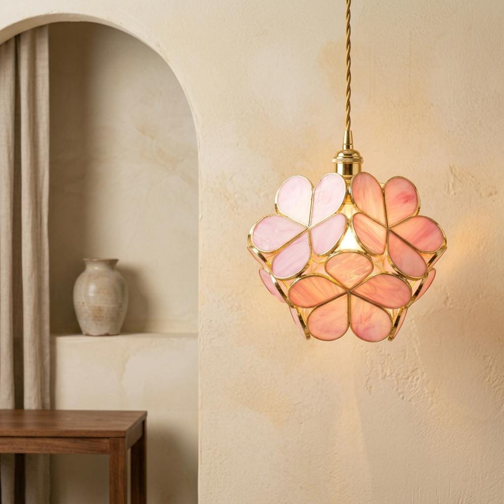 Rose Pink Petal Tiffany-Inspired Pendant Light, Rounded Bud Form, Handmade - view 6
