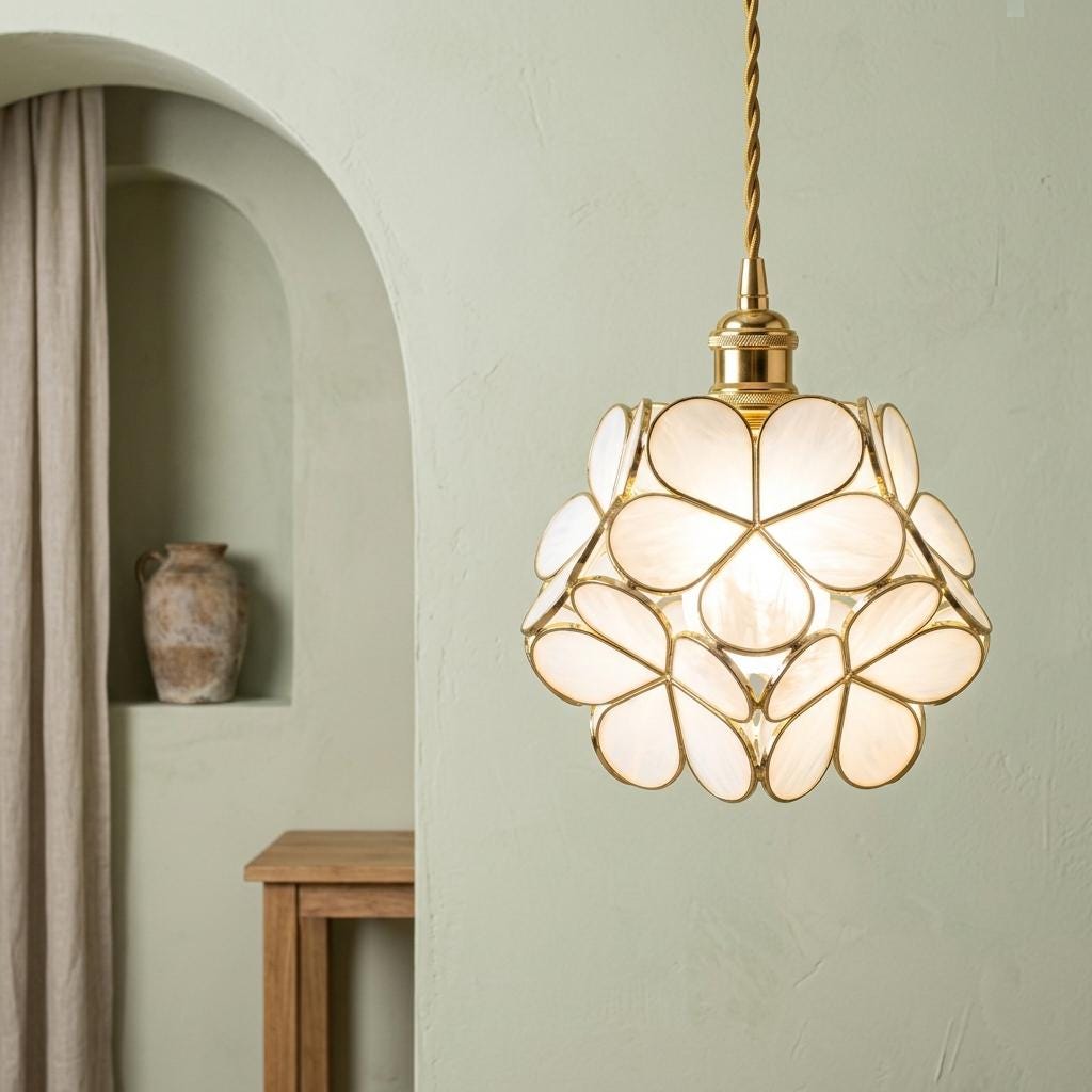 Cream Petal Tiffany-Inspired Pendant Light, Layered Bud Form, Handmade - view 6
