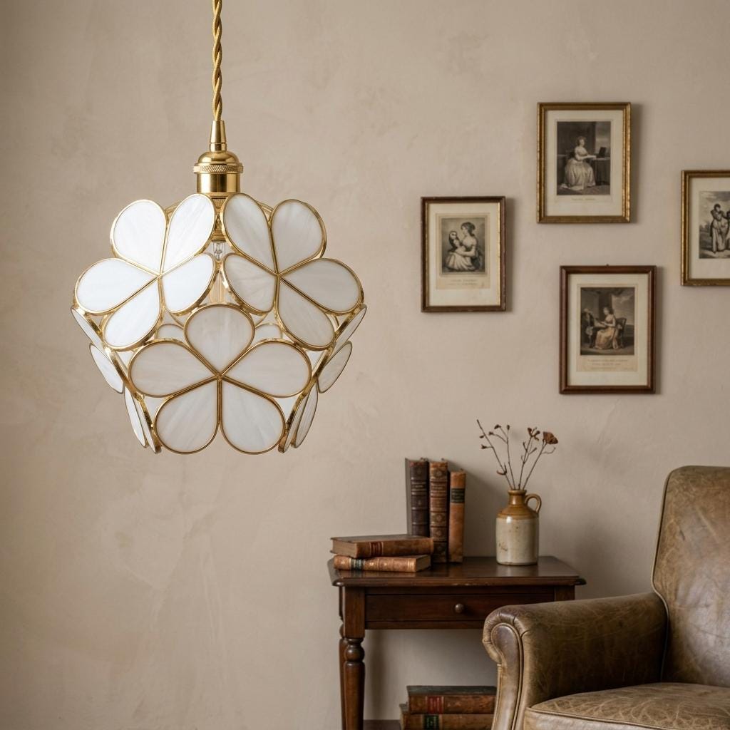 Cream Petal Tiffany-Inspired Pendant Light, Layered Bud Form, Handmade - view 9