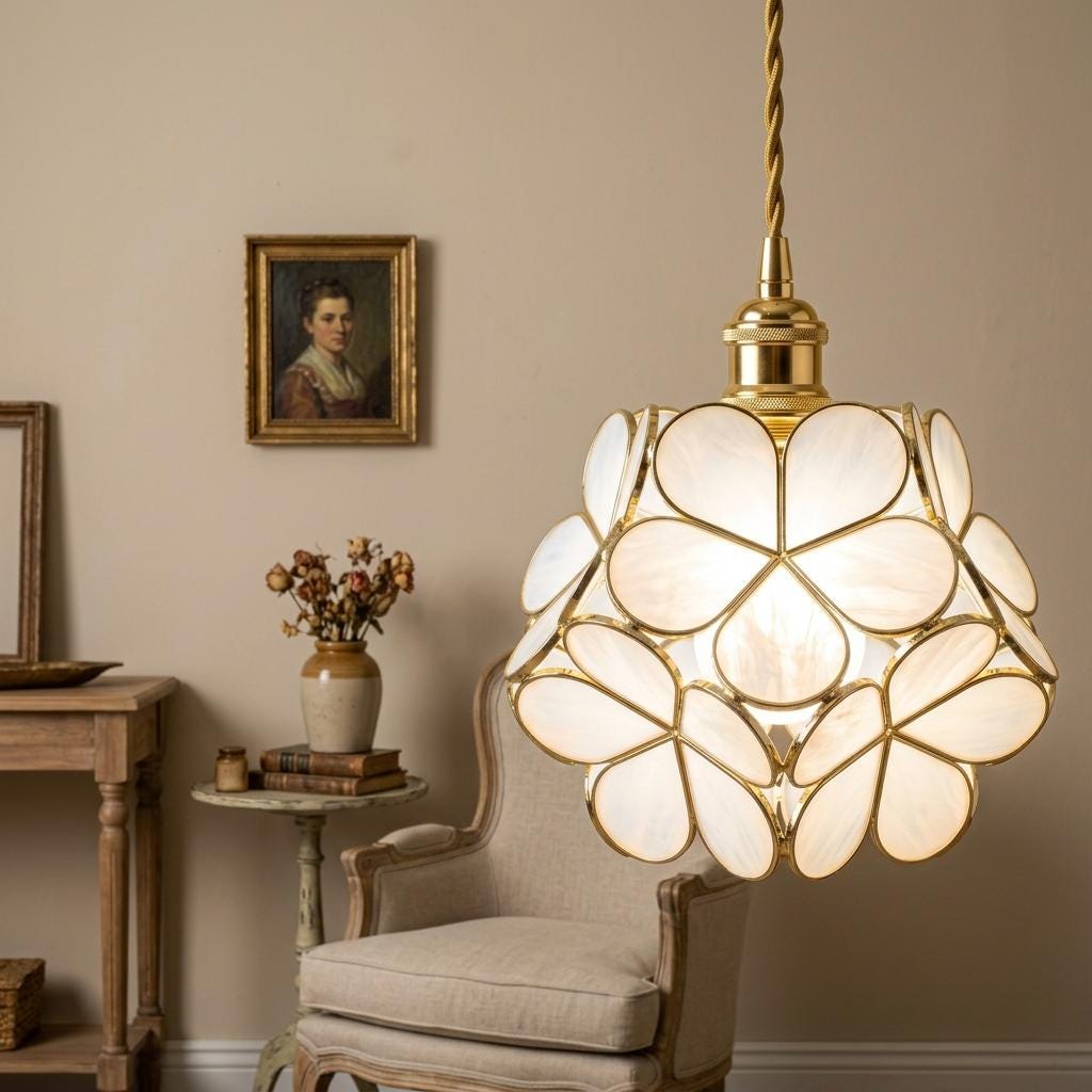 Cream Petal Tiffany-Inspired Pendant Light, Layered Bud Form, Handmade - view 8