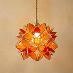 Orange Pointed-Petal Pendant Light, Radiating Flower Form, Handmade by AuroraeGlass