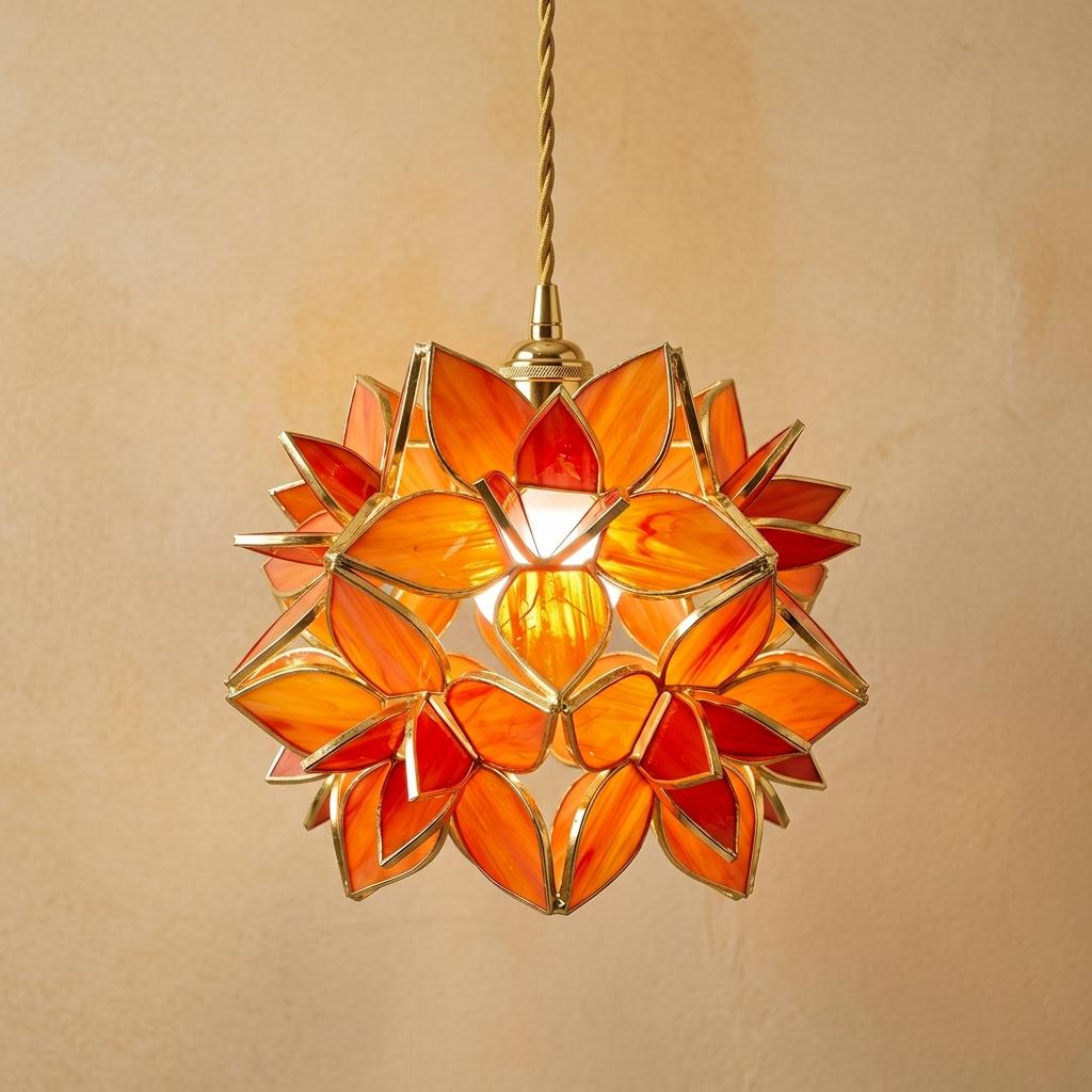 Orange Pointed-Petal Pendant Light, Radiating Flower Form, Handmade by AuroraeGlass