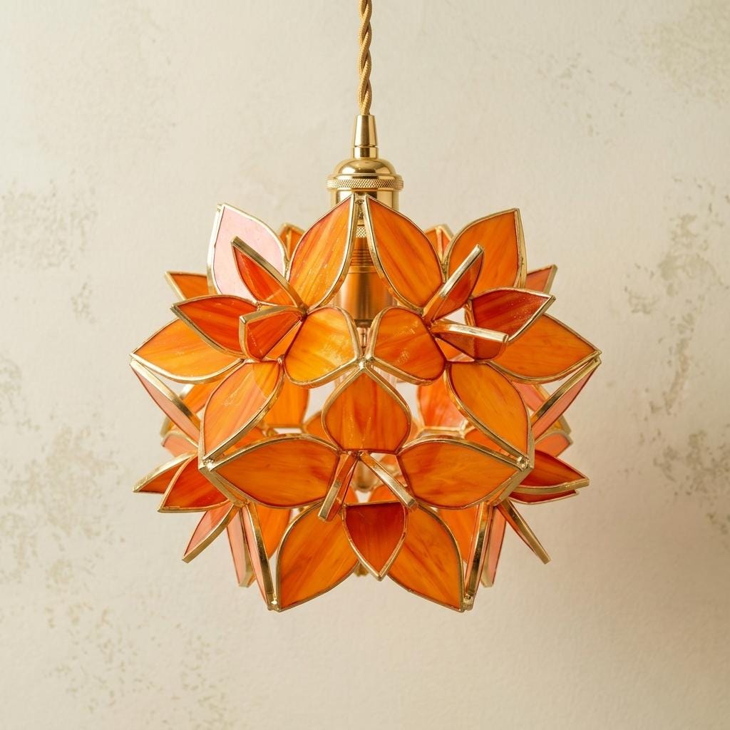 Orange Pointed-Petal Pendant Light, Radiating Flower Form, Handmade - view 5