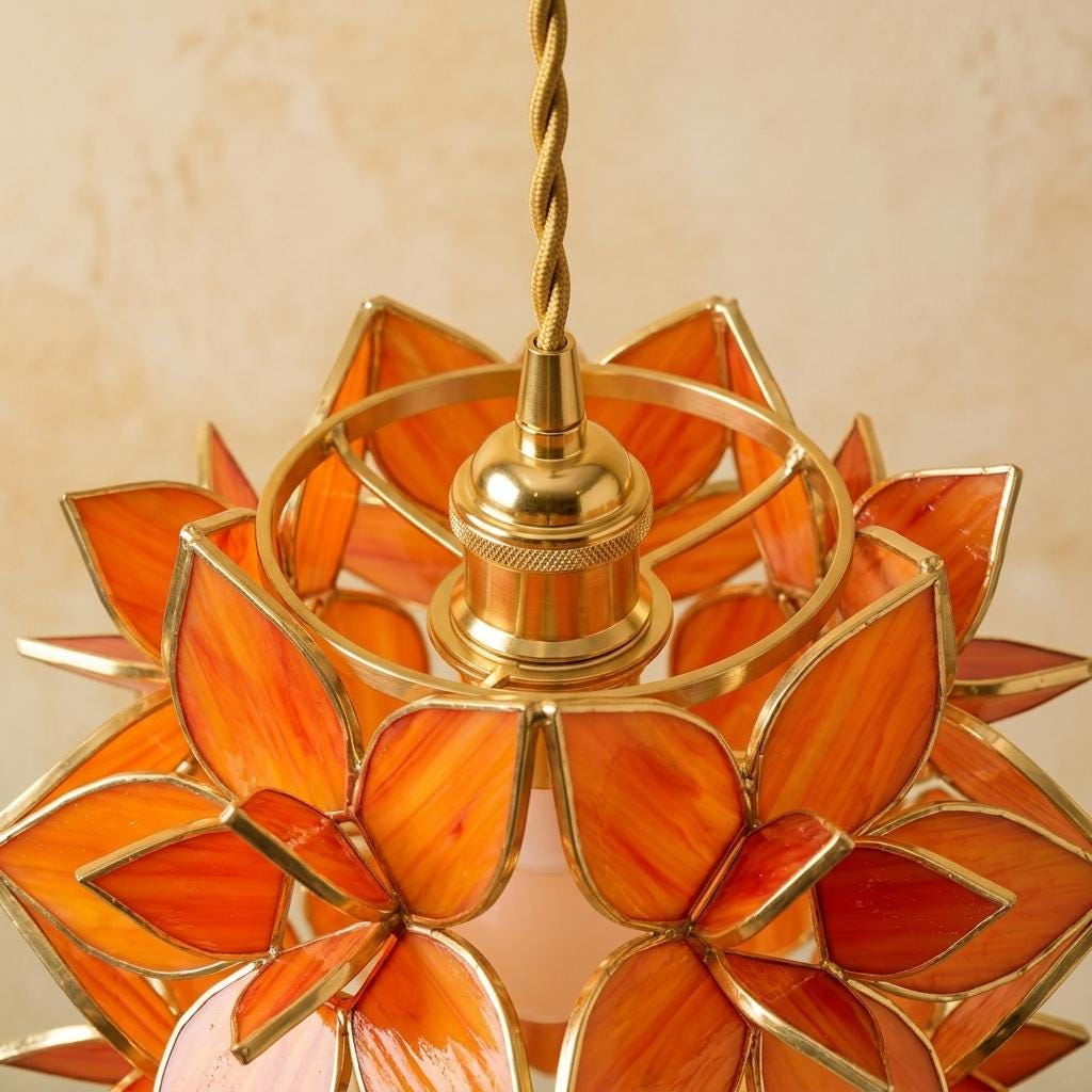 Orange Pointed-Petal Pendant Light, Radiating Flower Form, Handmade - view 4
