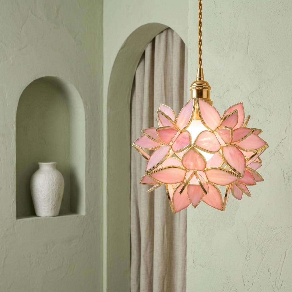 Pink Pointed-Petal Pendant Light, Radiating Flower Form, Handmade - view 6