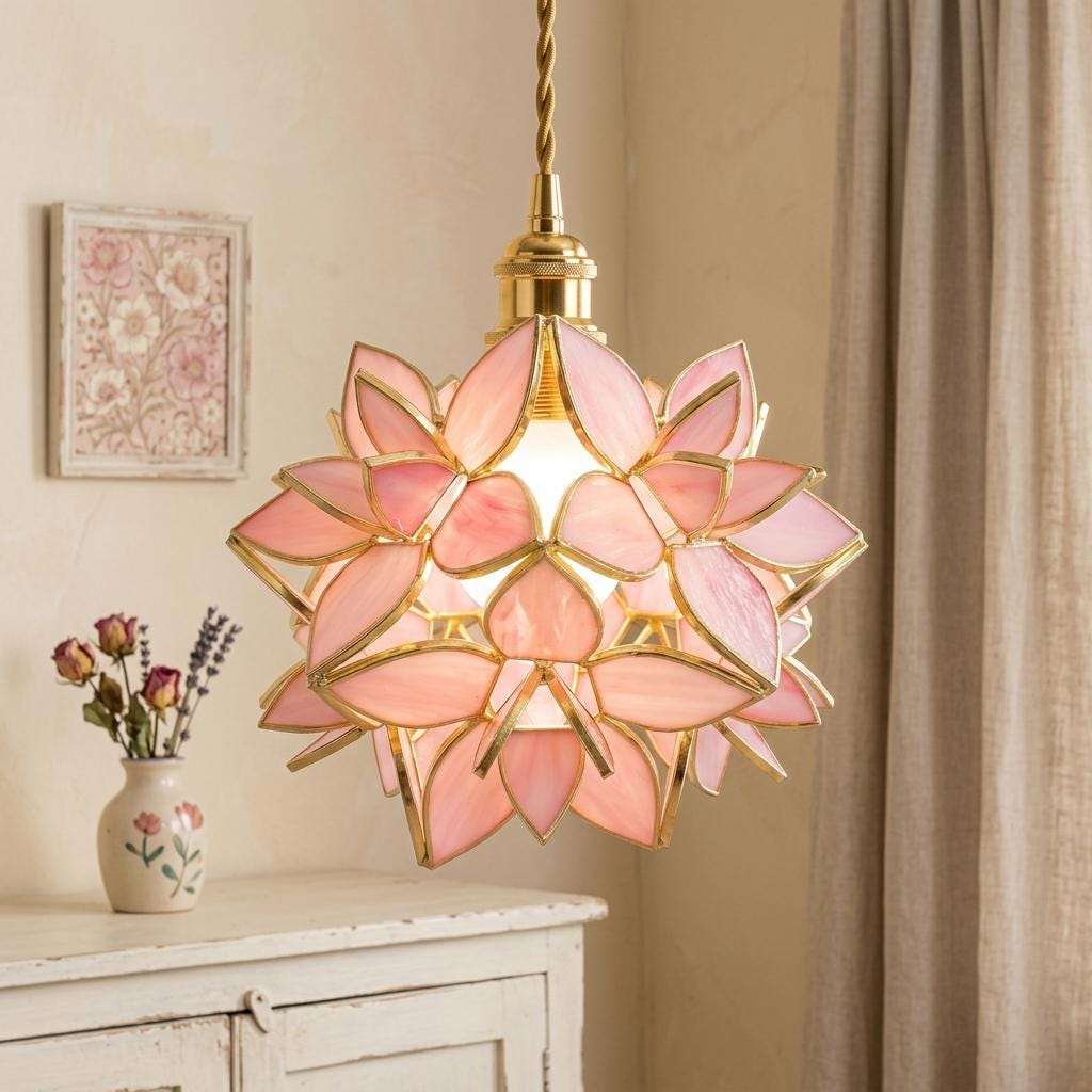 Pink Pointed-Petal Pendant Light, Radiating Flower Form, Handmade - view 10