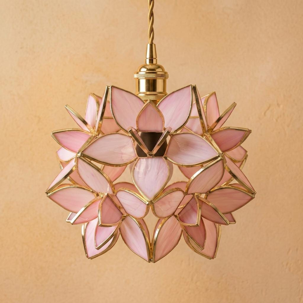 Pink Pointed-Petal Pendant Light, Radiating Flower Form, Handmade - view 5