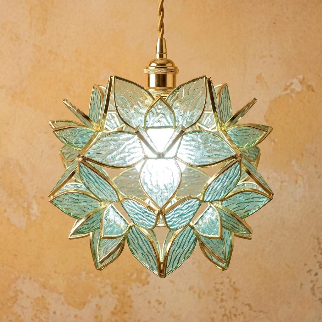 Aqua Pointed-Petal Tiffany-Inspired Pendant Light, Layered Flower Form, Handmade by AuroraeGlass