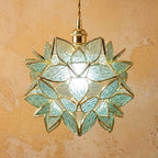 Aqua Pointed-Petal Tiffany-Inspired Pendant Light, Layered Flower Form, Handmade by AuroraeGlass