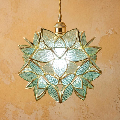Aqua Pointed-Petal Tiffany-Inspired Pendant Light, Layered Flower Form, Handmade by AuroraeGlass