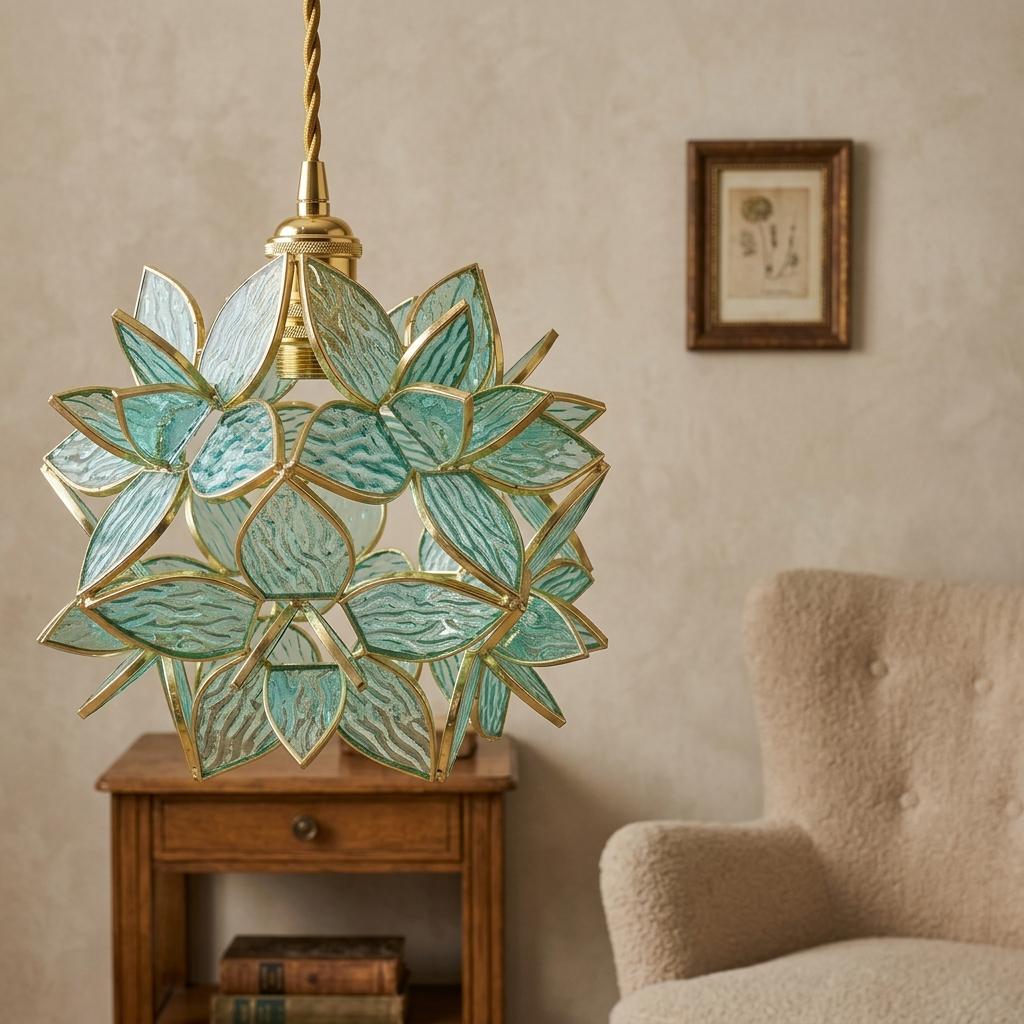 Aqua Pointed-Petal Tiffany-Inspired Pendant Light, Layered Flower Form, Handmade - view 9