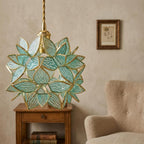 Aqua Pointed-Petal Tiffany-Inspired Pendant Light, Layered Flower Form, Handmade - view 9