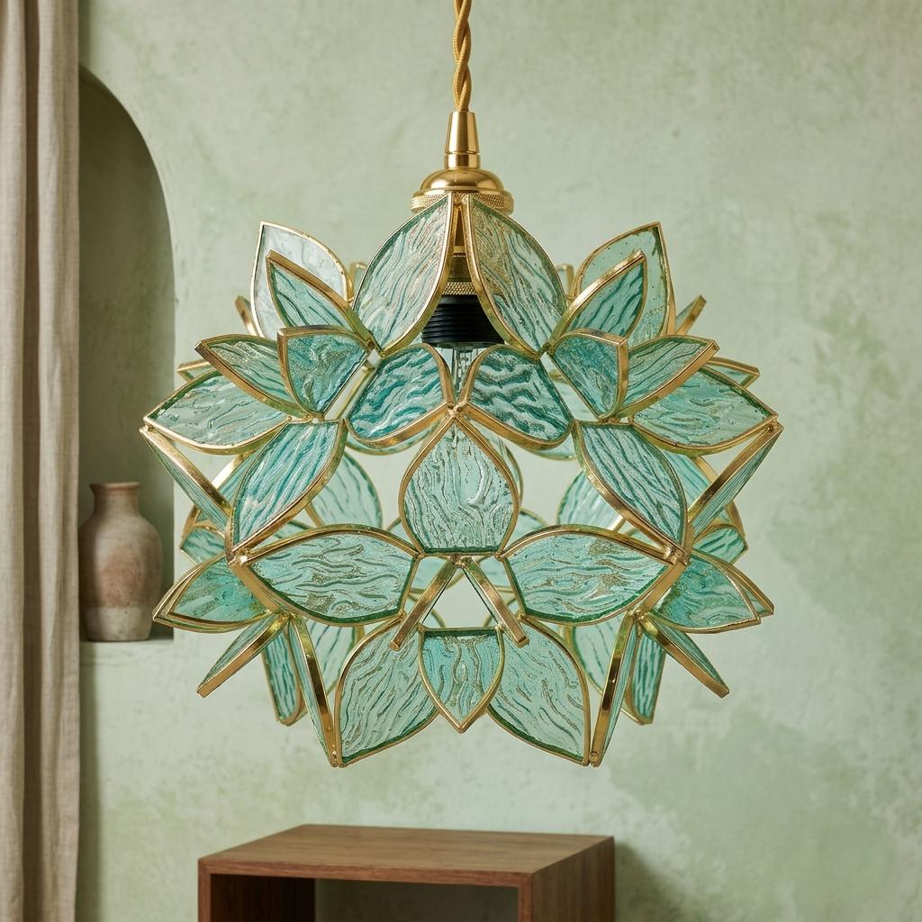 Aqua Pointed-Petal Tiffany-Inspired Pendant Light, Layered Flower Form, Handmade - view 7