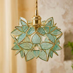 Aqua Pointed-Petal Tiffany-Inspired Pendant Light, Layered Flower Form, Handmade - view 4