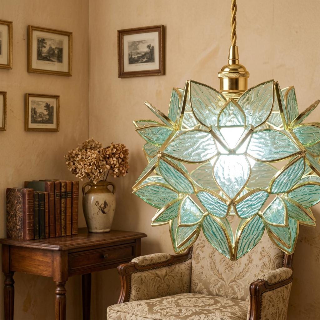 Aqua Pointed-Petal Tiffany-Inspired Pendant Light, Layered Flower Form, Handmade - view 8