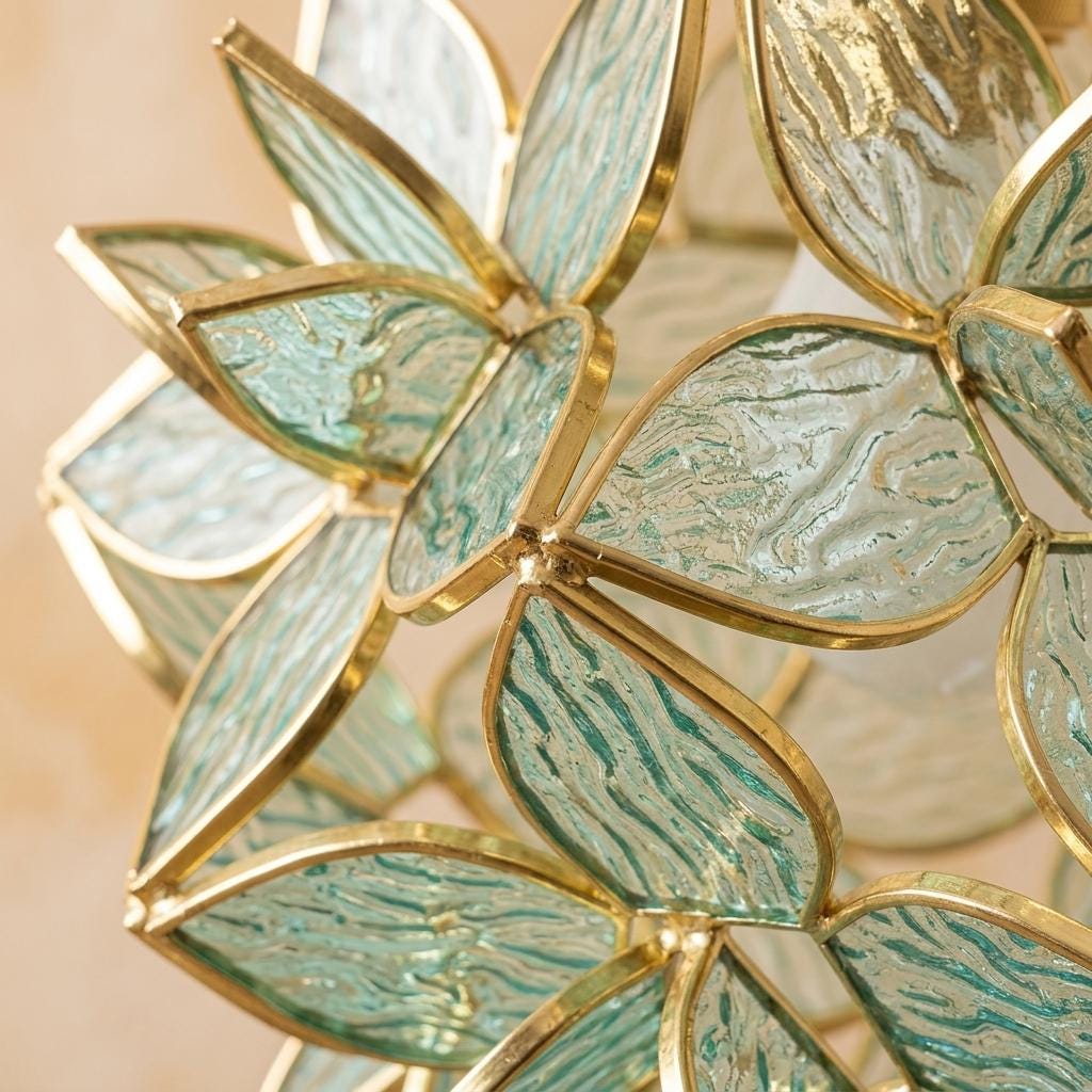 Aqua Pointed-Petal Tiffany-Inspired Pendant Light, Layered Flower Form, Handmade - view 2