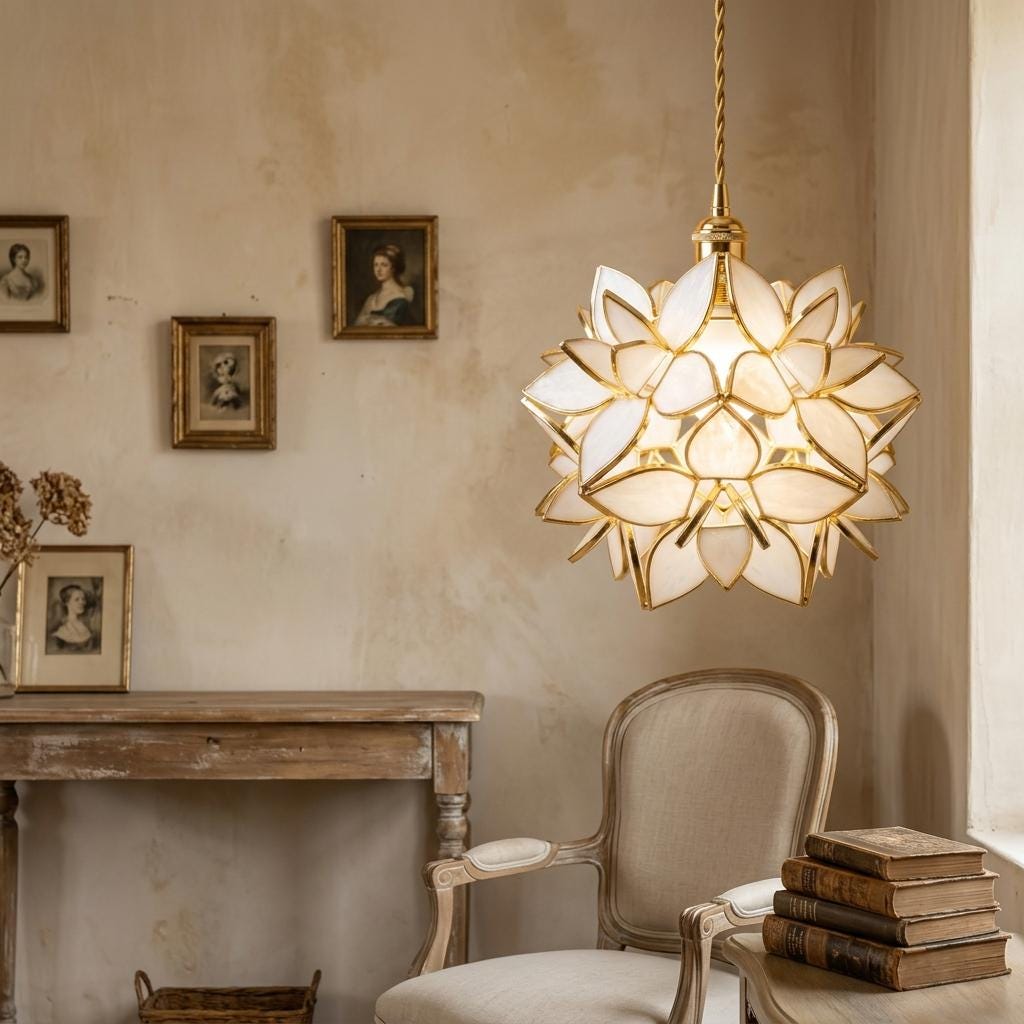 Cream Pointed-Petal Pendant Light, Radiating Flower Form, Handmade - view 8