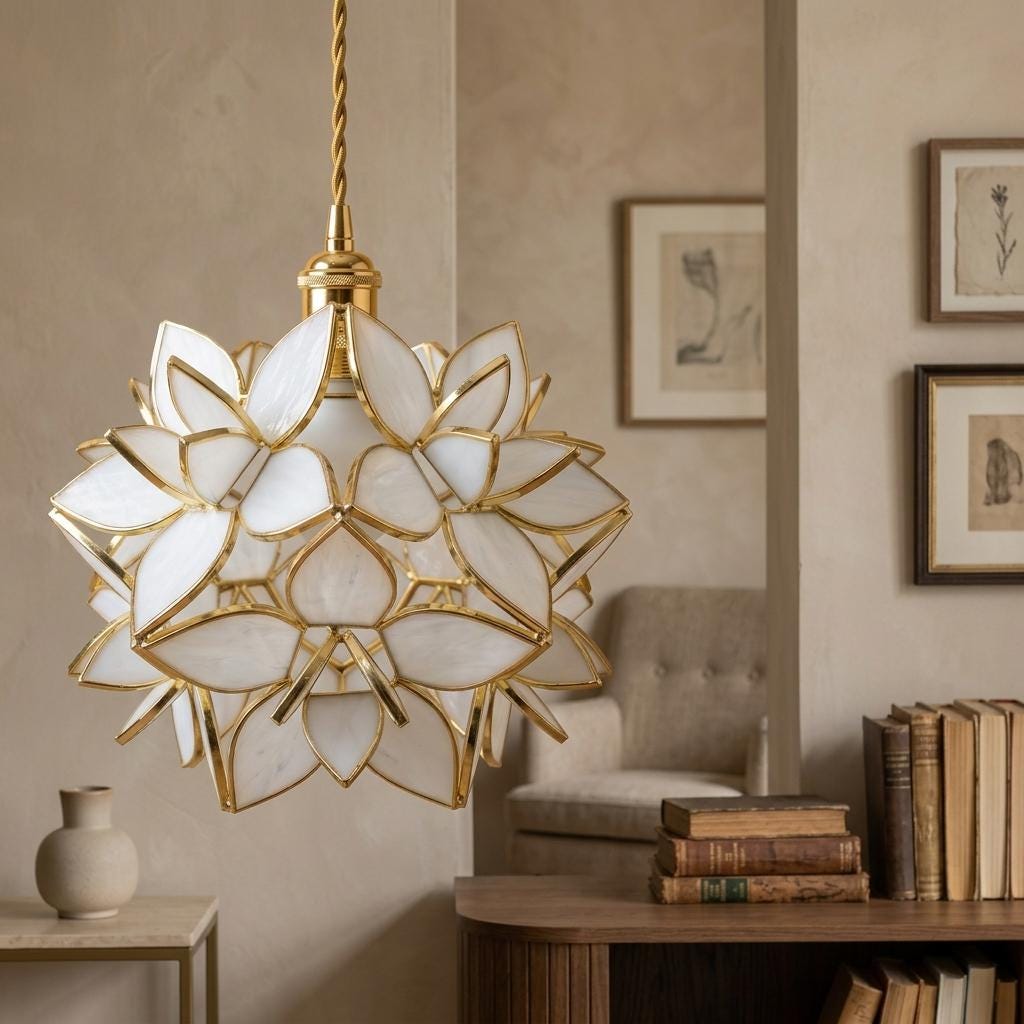 Cream Pointed-Petal Pendant Light, Radiating Flower Form, Handmade - view 9
