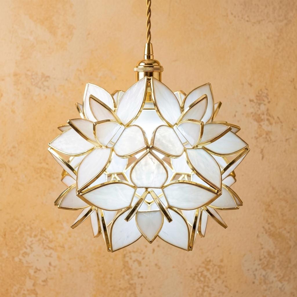 Cream Pointed-Petal Pendant Light, Radiating Flower Form, Handmade - view 4