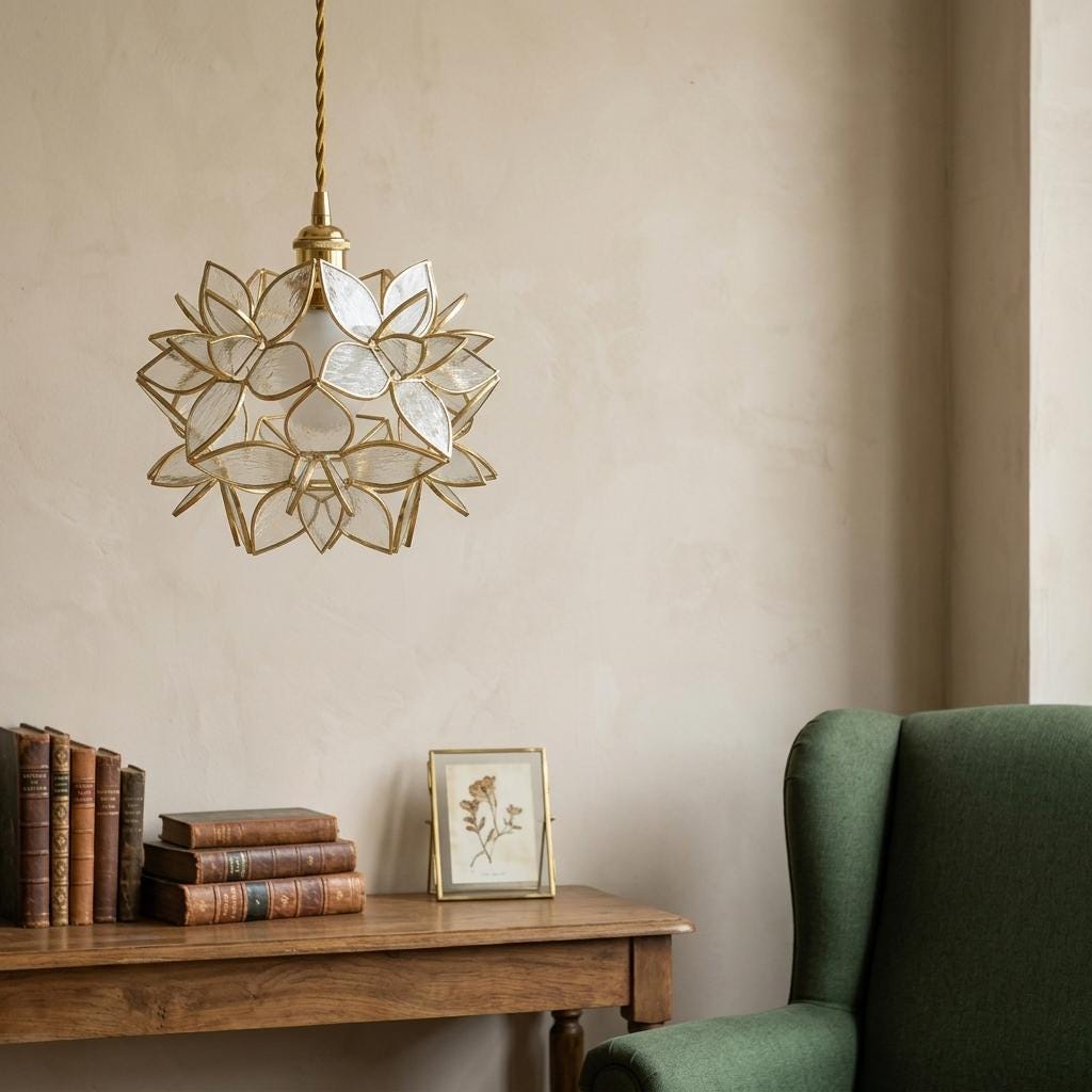 Clear-Look Pointed-Petal Pendant Light, Open Flower Form, Handmade - view 8