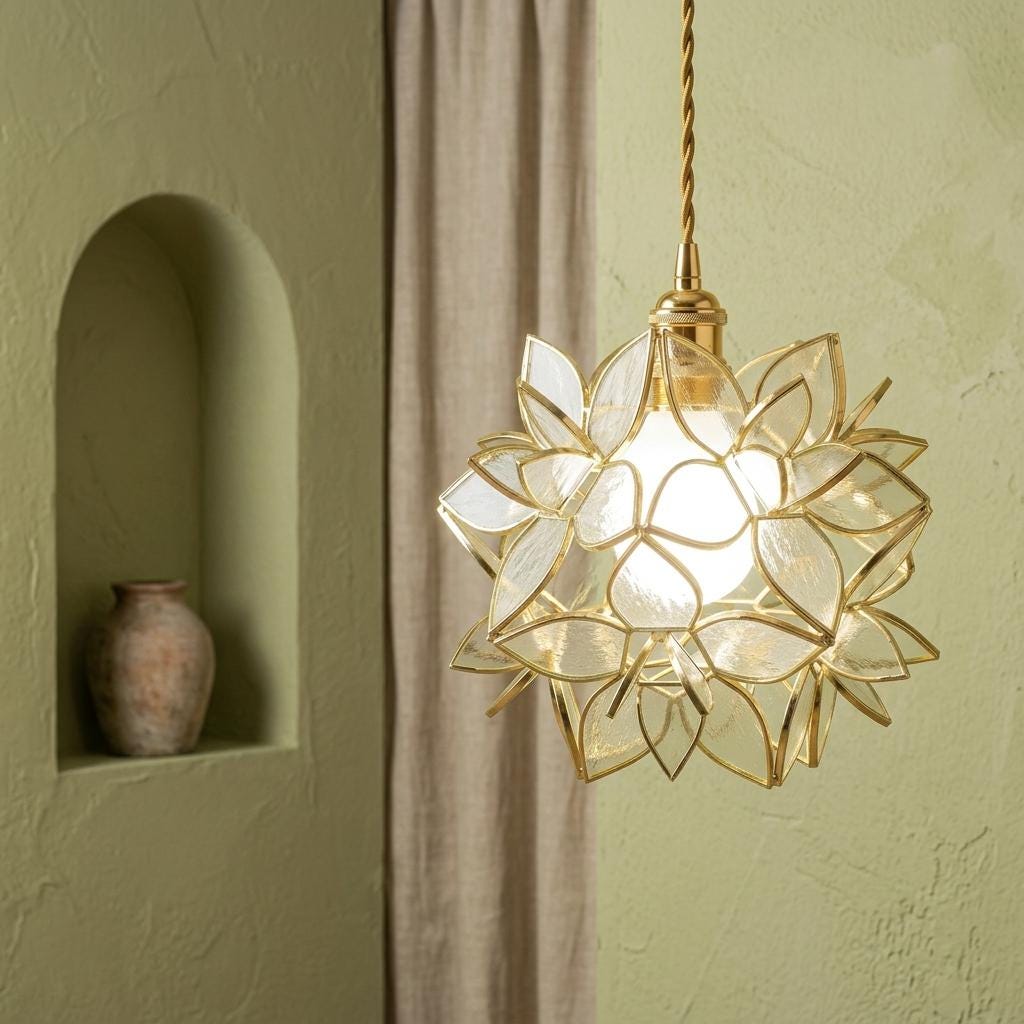 Clear-Look Pointed-Petal Pendant Light, Open Flower Form, Handmade - view 5