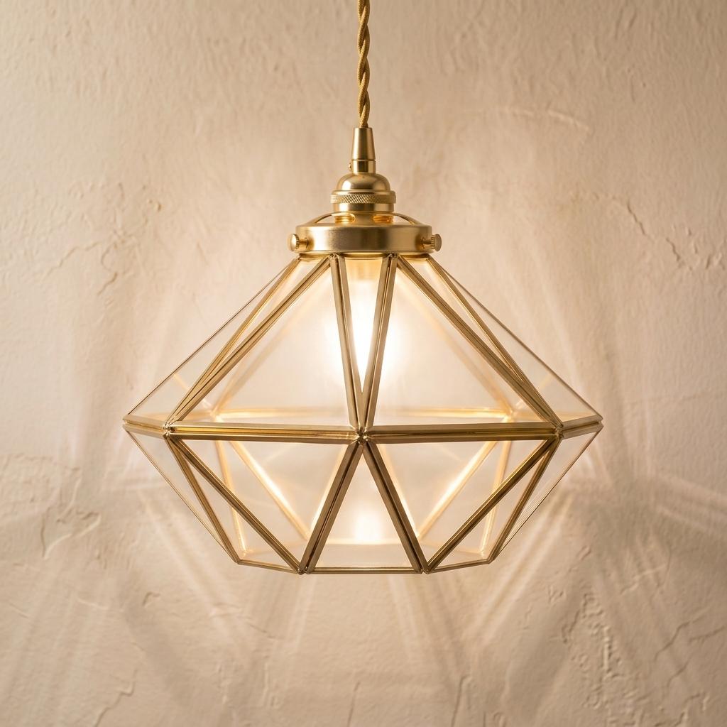 Clear-Look Geometric Diamond Tiffany-Inspired Pendant Light, Gold-Tone Frame, Handmade by AuroraeGlass