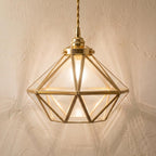 Clear-Look Geometric Diamond Tiffany-Inspired Pendant Light, Gold-Tone Frame, Handmade by AuroraeGlass