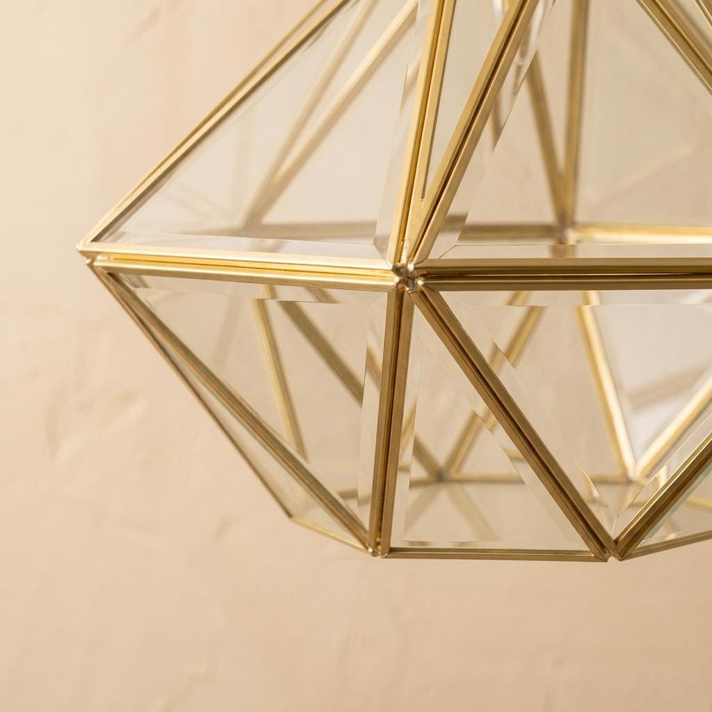 Clear-Look Geometric Diamond Tiffany-Inspired Pendant Light, Gold-Tone Frame, Handmade - view 3