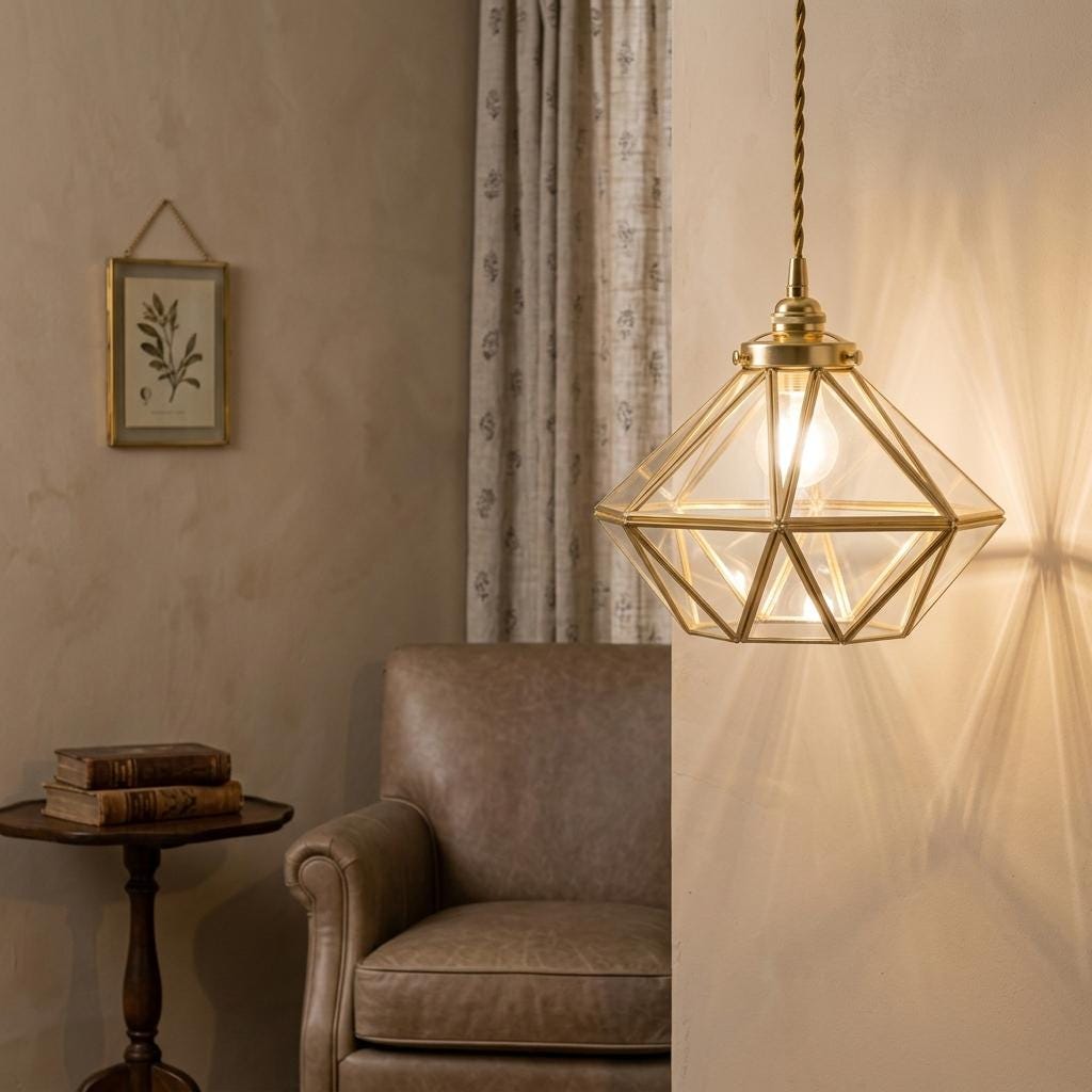 Clear-Look Geometric Diamond Tiffany-Inspired Pendant Light, Gold-Tone Frame, Handmade - view 8