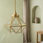 Clear-Look Geometric Diamond Tiffany-Inspired Pendant Light, Gold-Tone Frame, Handmade - view 7