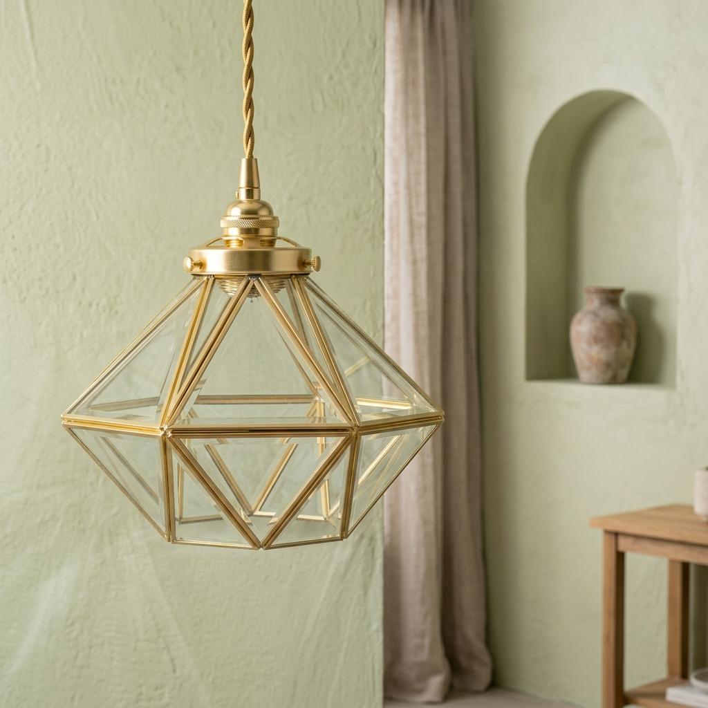 Clear-Look Geometric Diamond Tiffany-Inspired Pendant Light, Gold-Tone Frame, Handmade - view 7