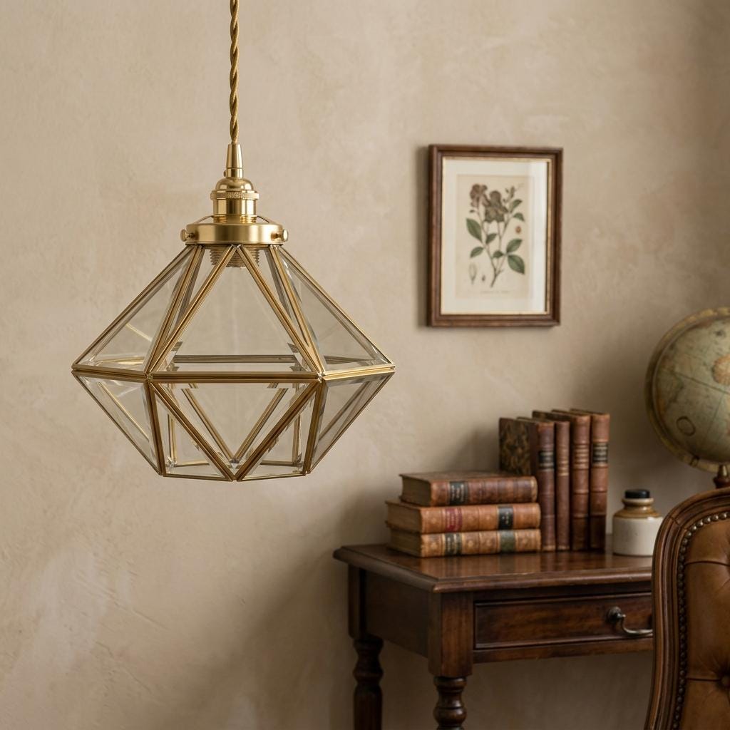 Clear-Look Geometric Diamond Tiffany-Inspired Pendant Light, Gold-Tone Frame, Handmade - view 9