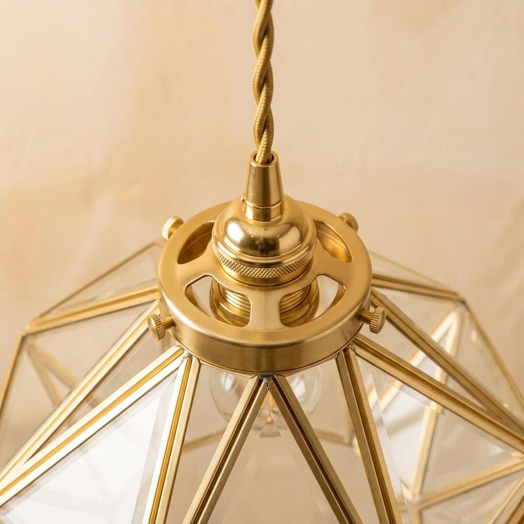 Clear-Look Geometric Diamond Tiffany-Inspired Pendant Light, Gold-Tone Frame, Handmade - view 4