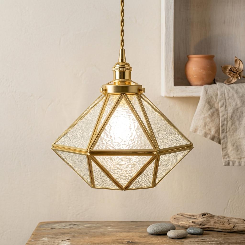 Clear-Look Wide Diamond Tiffany-Inspired Pendant Light, Textured-Look Panels, Handmade - view 10