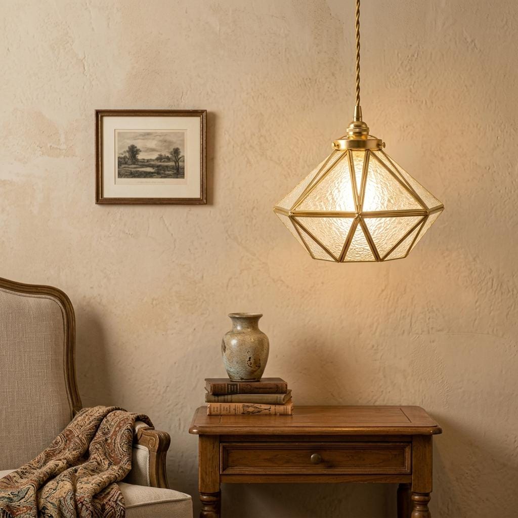 Clear-Look Wide Diamond Tiffany-Inspired Pendant Light, Textured-Look Panels, Handmade - view 8