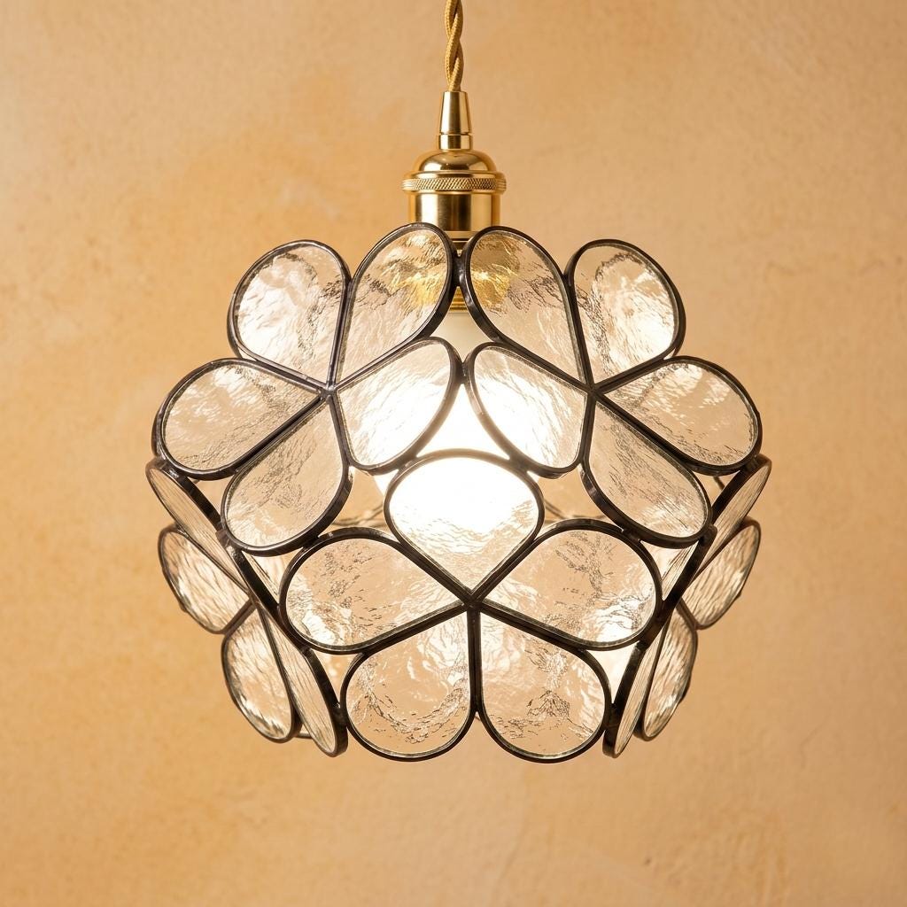 Clear-Look Rounded Petal Tiffany-Inspired Pendant Light, Dark Frame, Handmade by AuroraeGlass