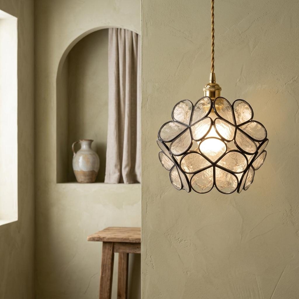 Clear-Look Rounded Petal Tiffany-Inspired Pendant Light, Dark Frame, Handmade - view 6