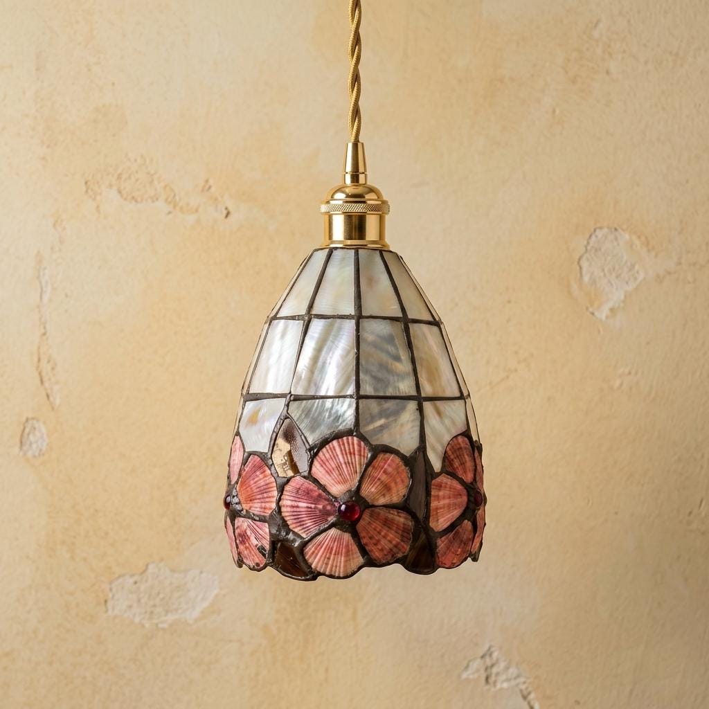 Pink Floral Tiffany-Inspired Pendant Light, Scalloped Bell with Pearl-Look Panels, Handmade - view 5