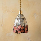 Pink Floral Tiffany-Inspired Pendant Light, Scalloped Bell with Pearl-Look Panels, Handmade - view 5
